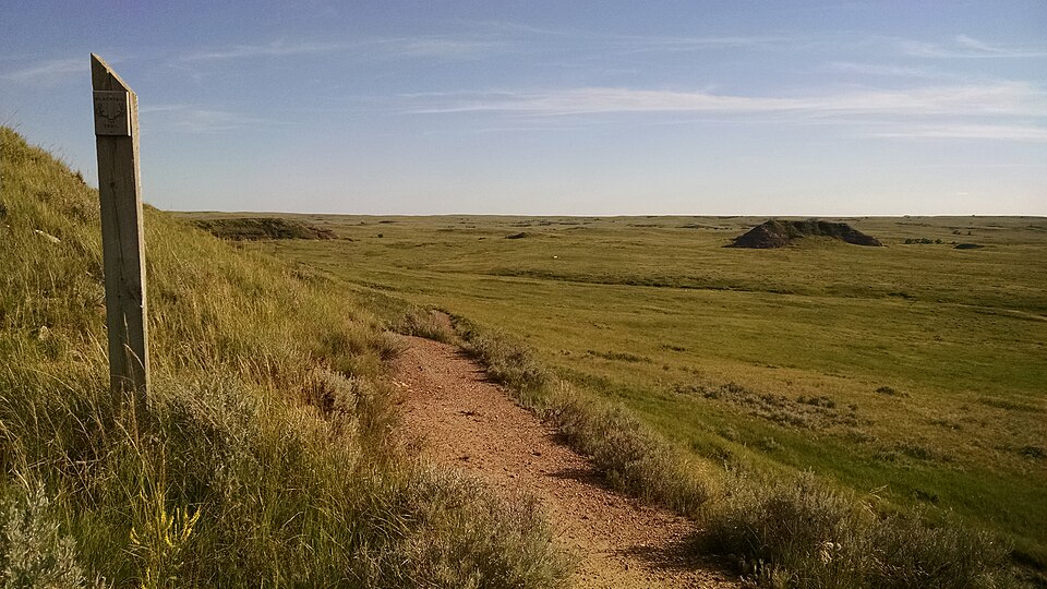 A ranch two-track and a reservation marker post running out into the Grand River National Grassland near Reva