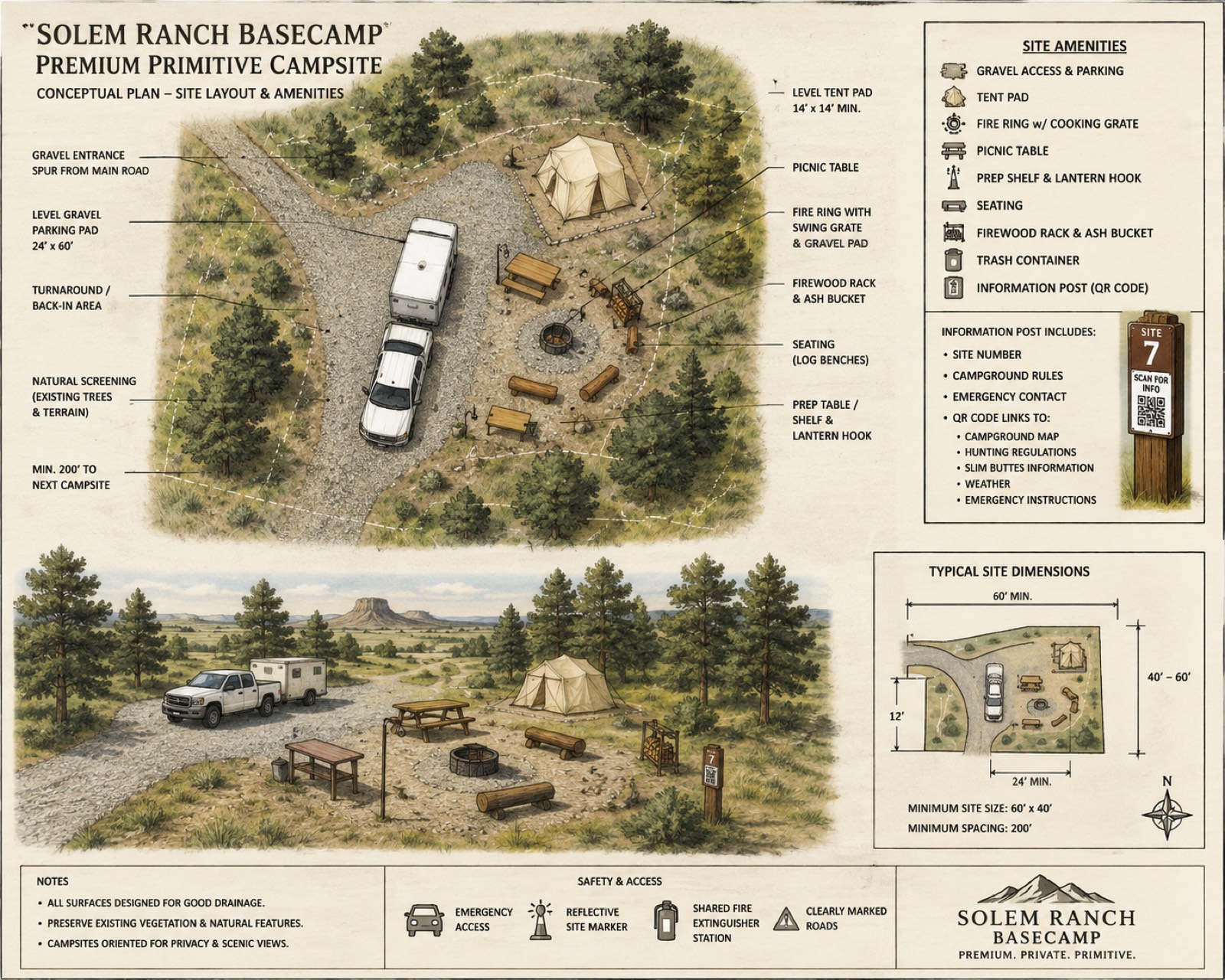 The illustrated conceptual site plan for Solem Ranch Basecamp, hand-drawn in a naturalist field-guide style on a parchment ground