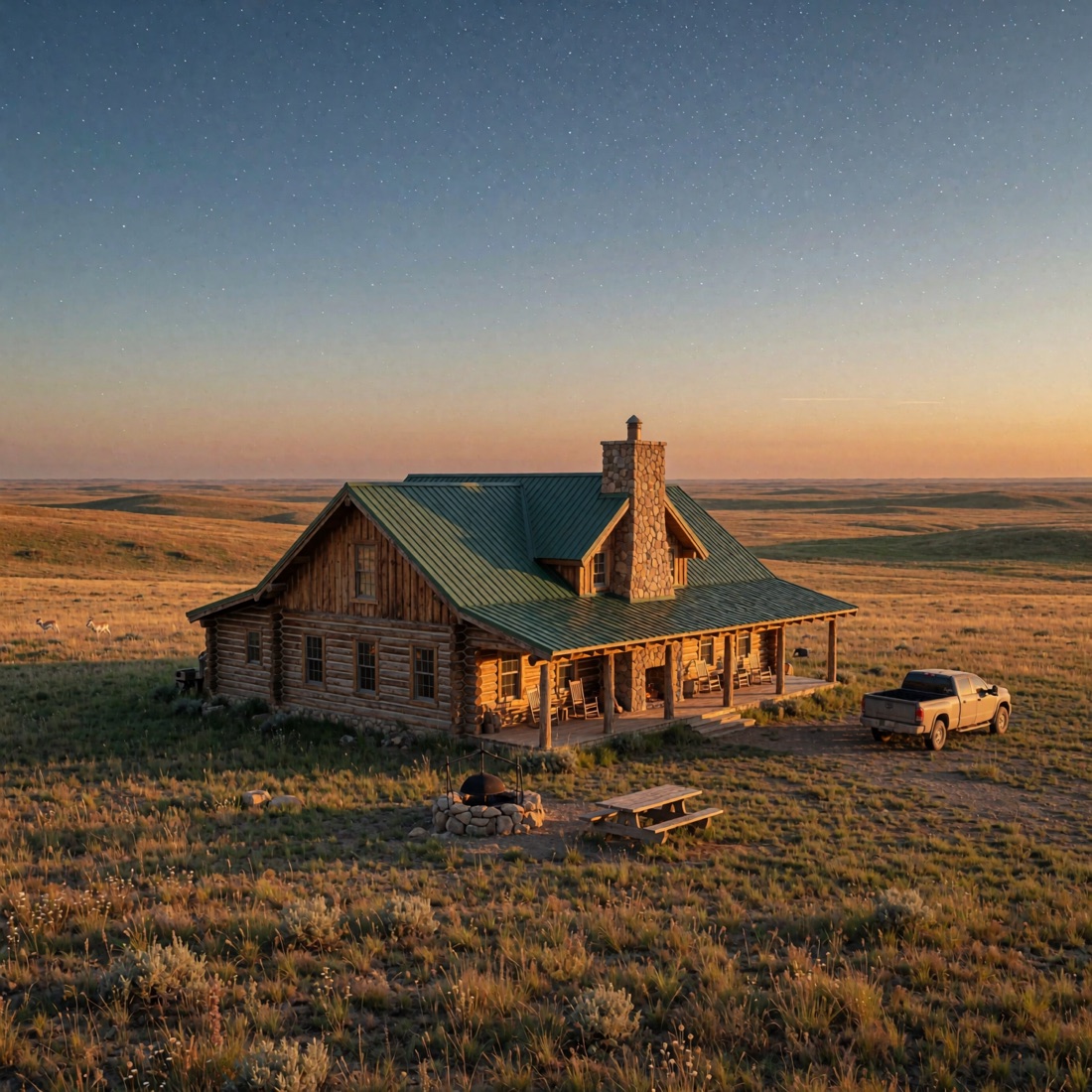 A log hunting lodge with a stone chimney and covered porch at golden hour on the open prairie, a fire ring, picnic table, and pickup truck alongside.